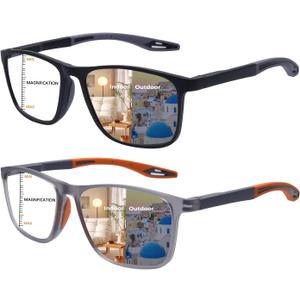 CLASAGA Progressive Multifocal Reading Glasses for Men Photochromic Gray Sunglasses Sports Style Blue Light Blocking Readers, 2.0