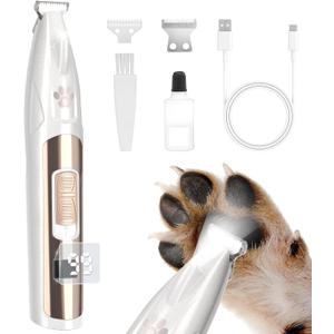 Dog Paw Trimmer with LED Display, 35dB Low Noise Electric Dog Clippers for Grooming, Cordless 20mm-Blade for Trimming Dog's Hair Around Paws, Eyes, Ears, Face, Rump with LED Light (White)