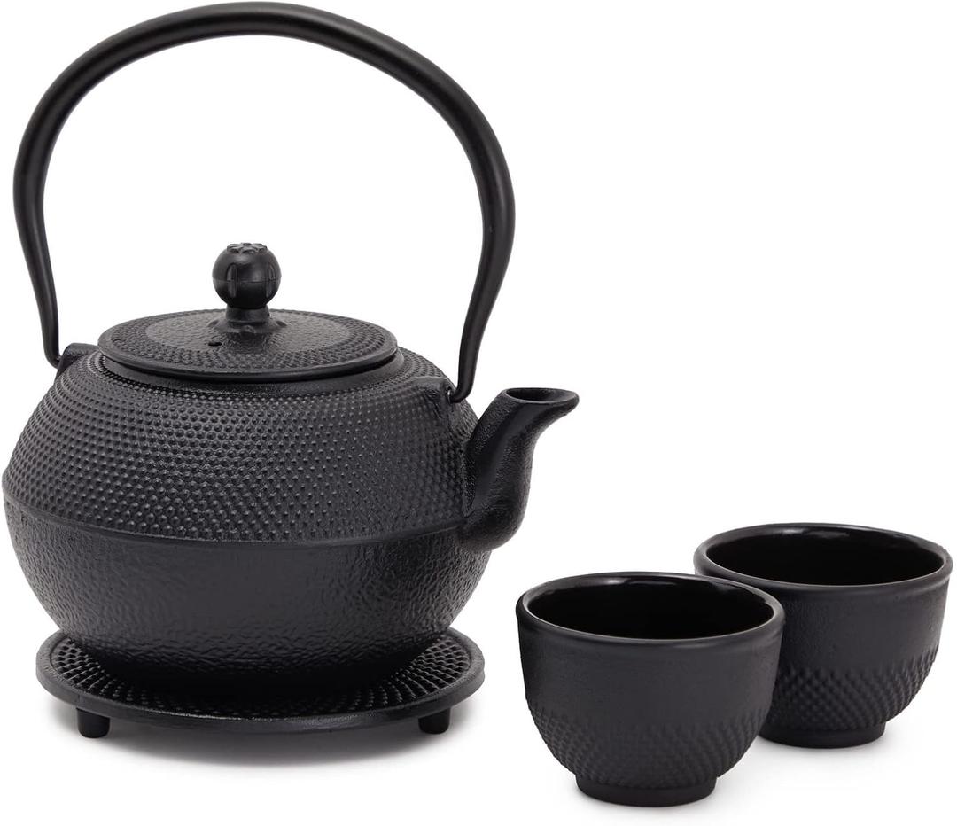 Juvale Cast Iron Teapot, Japanese Tetsubin Kettle Set with 2 Cups, Tea Infuser (1200 ml Teapot with Infuser) - Black
