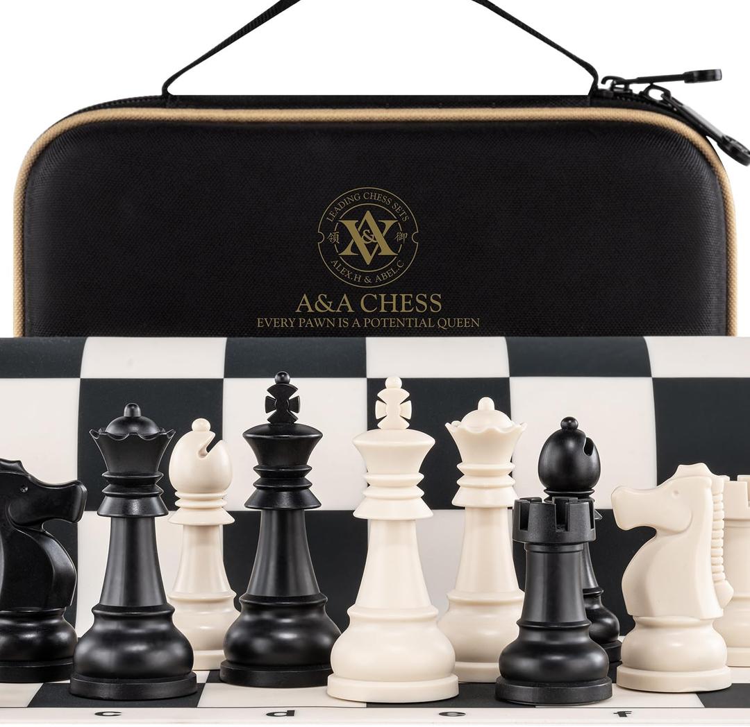 A&A Chess Set - 15''x15'' Foldable Silicone Chessboard and 3.25'' King Height Weighted Plastic Staunton Pieces with Carrying Case for Portable Travel