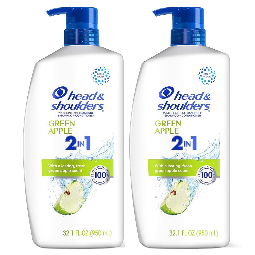 Head & Shoulders Anti-Dandruff Shampoo and Conditioner, Green Apple 2-in-1 Twin Pack, 1% Pyrithione Zinc, Flake Control, Green Apple Scent, Clean Scalp, 32.1 fl oz Each