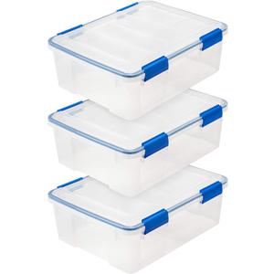 IRIS USA WeatherPro 27 Qt Storage Bins with Lids, 3 Pack, BPA-Free Plastic Gasket Box with Tight Latch and Seal, Stackable Nestable Tote Tub - Clear/Blue