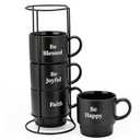 Signature Housewares Stackable Coffee Mug Tower Set with Metal Wire Rack - 15 Ounce Coffee Mugs for Coffee, Tea, Cocoa, Milk, Cappuccino, Hot Chocolate Set of 4 - Be Happy Matte Black