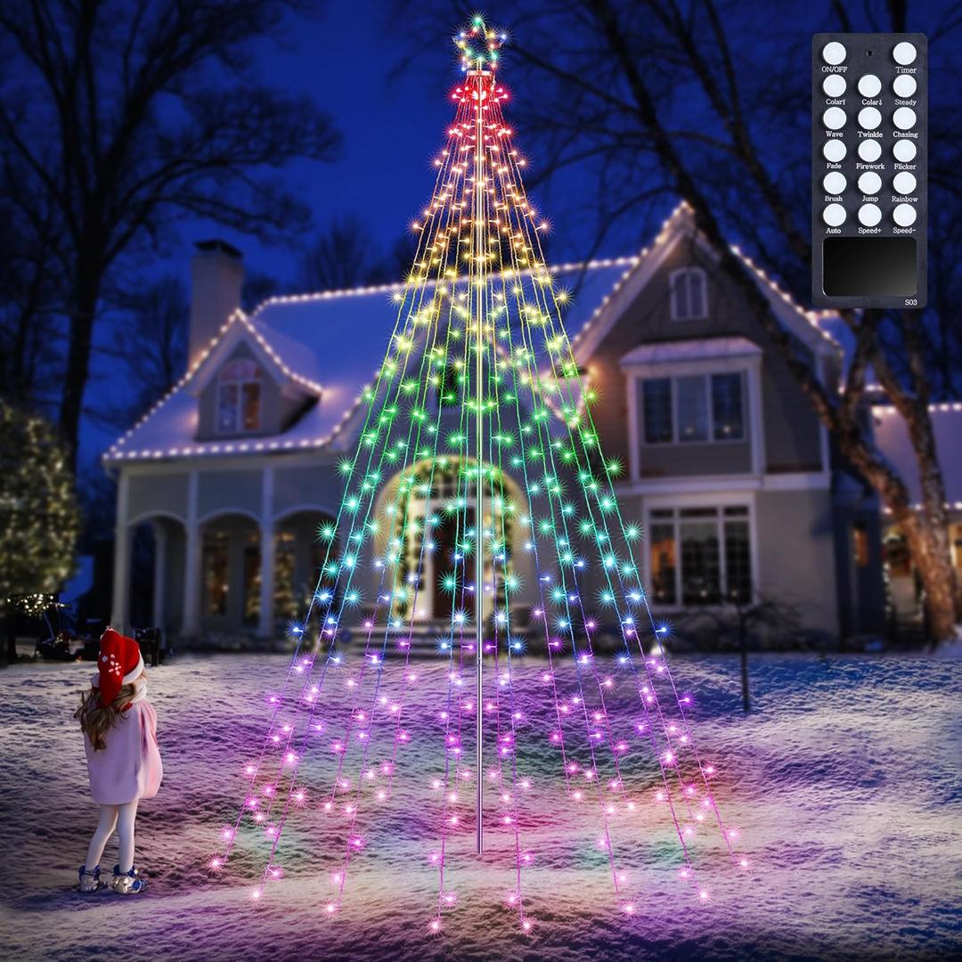 Lomotech RGB Color Changing Christmas Tree Lights - 10Ft 404 LED with 7.08" Topper, Remote Controll Waterproof Iron Pole Waterfall Holiday Tree Lights for Outdoor Christmas Decorations