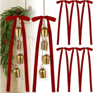 2 Pcs Christmas Cow Bells with 8 Pcs Red Velvet Bows Vintage Rustic Gold Bell with Hanging Rope Ornaments Ribbon Bows for Xmas Tree Wall Home Decor Wreath Garland Garden Indoor Outdoor
