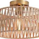 Hchunqjor Coastal Antique Gold Woven Flush Mount Light Fixture Rustic Boho Hemp Rope Brass Semi Flush Mount Ceiling Light for Hallway Bedroom Farmhouse Kitchen Entryway Hall