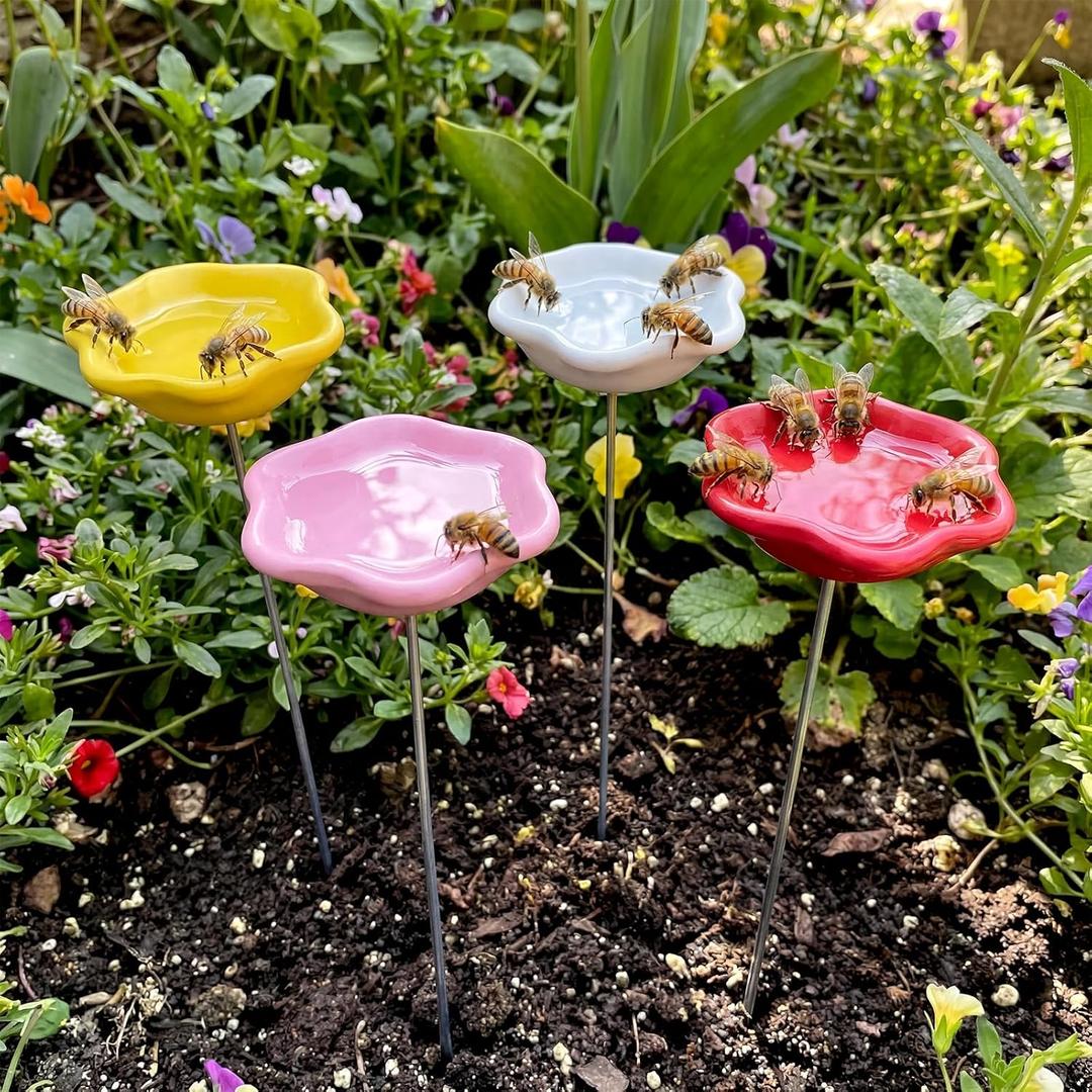 4 Pack Resin Bee Watering Station for Garden Butterfly Bath Cups Outdoor Garden Yard Bee Feeders Stakes Decor for Thirsty Pollinators Insects Plastic Free Attracting Glaze (Stylish)