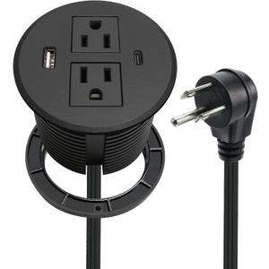 Desk Power Grommet USB C Total 30W, 3.15 Inch PD Fast Charge Desktop Power Strip 2 Outlets 2 USB Ports Recessed Flat Plug Extension Cord Mount into Countertop Shelf Cabinet End Table (Black)