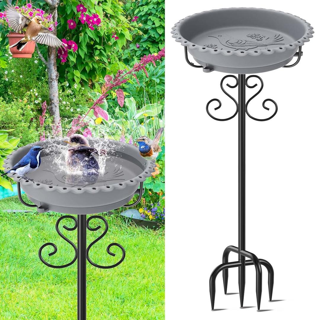 Bird Bath for Outside,Vintage Freestanding Birdbath & Birdfeeder, 40In Bird Baths Feeder with Detachable Plastic Bowl for Garden Patio Yard Lawn Decor, Upgraded 5-Pronged Base (Grey)