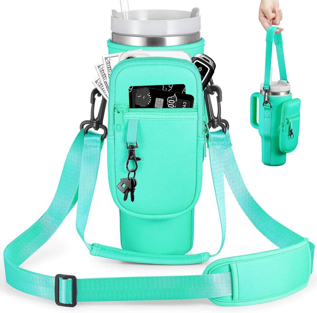 Water Bottle Carrier Bag with Phone Pocket for Stanley 40 & 30 oz Tumbler with Handle,Pink Insulated Neoprene Cup Holder Pouch w/Adjustable Strap for Quencher H2.0 Stanley Cup Accessories (40oz, Green)