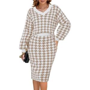 Pink Queen Women's 2 Piece Outfits Set Knit V Neck Batwing Long Sleeve Loose Top Bodycon Midi Skirt Sweater Dresses S