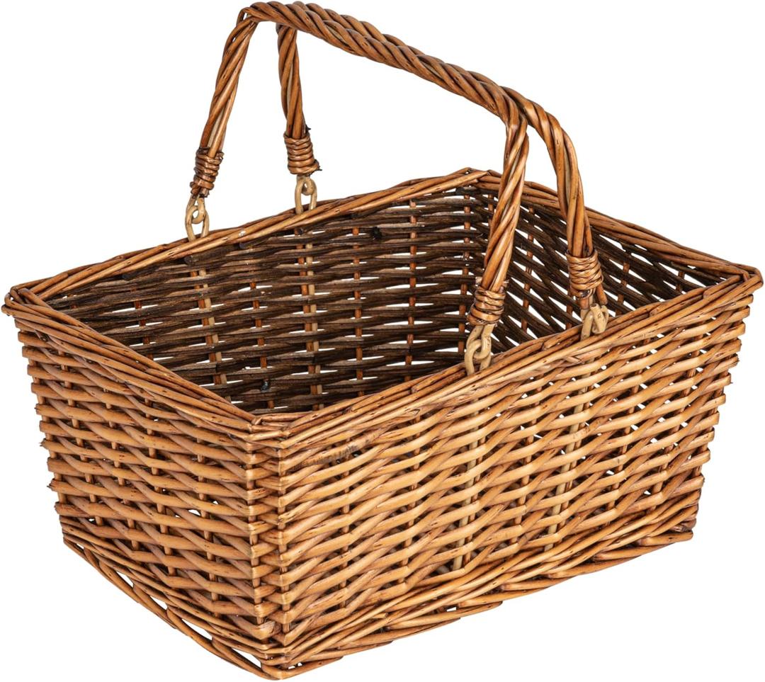 Household Essentials Woven Market Basket, Handwoven Willow Weave, Stylish Handles with Durable Metal Anchors, Classic and Versatile, Attractive, Spacious, Lightweight, Brown Stain