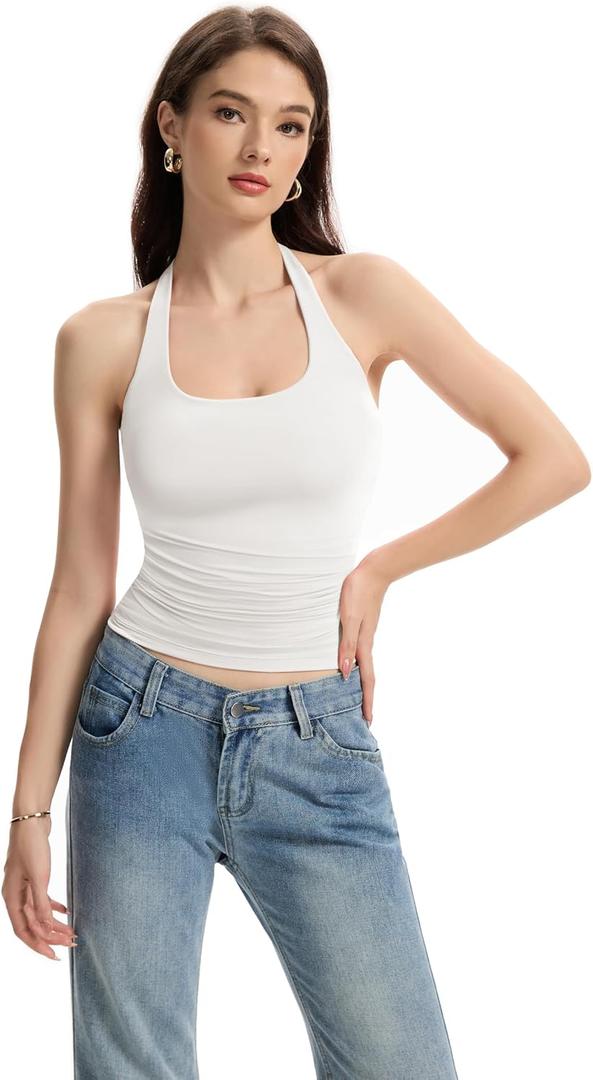 Halter Tank Tops for Women Double Lined Backless Going Out Tops Trendy Y2K Summer Shirt (White)