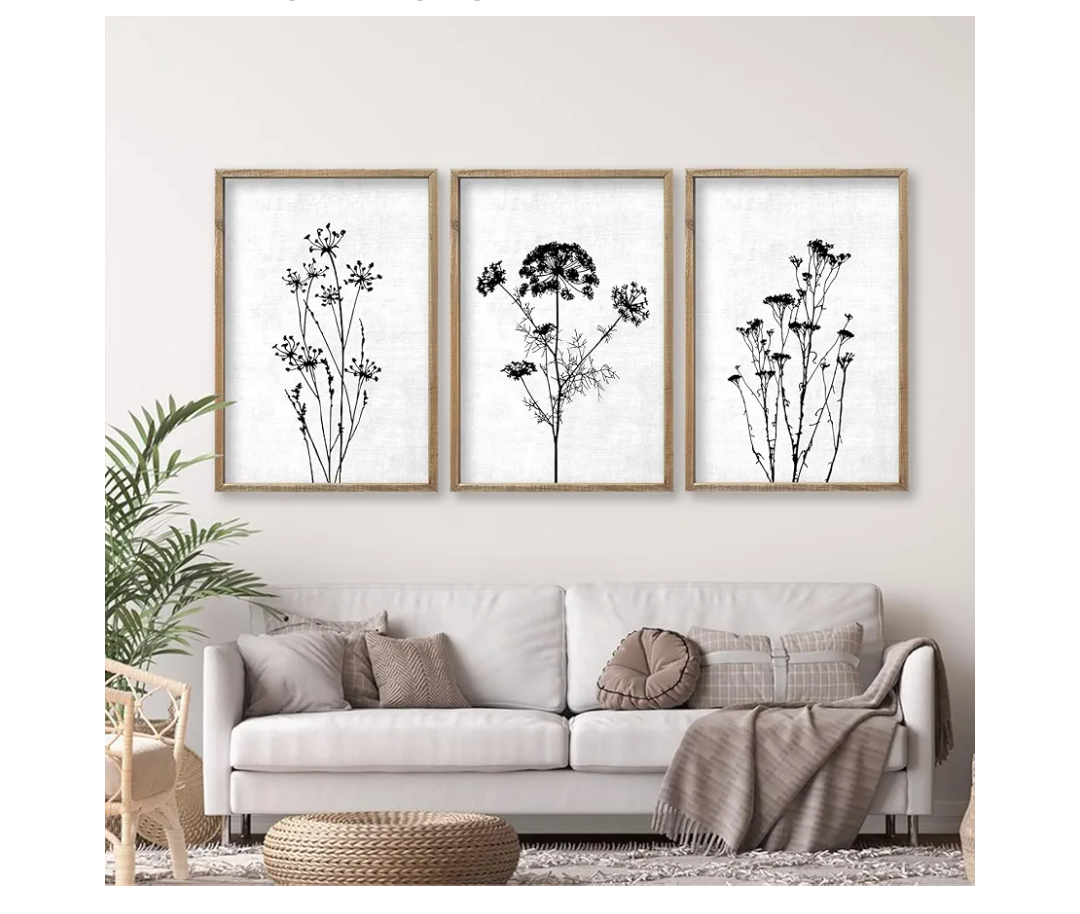 Flower Plant Wall Art Decor 16"x11" Set of 3 Black And White Botanical Painting Wood Framed For Minimalist Bedroom Office Rustic Living Room Abstract Wildflower Sign Hanging (Wood White)