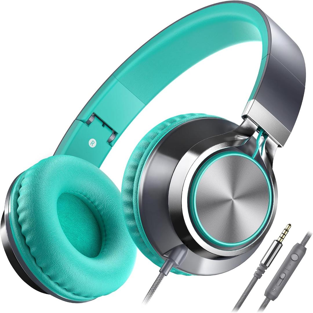 AILIHEN C8 Wired Headphones with Mic and Volume Control - Noise Isolating On-Ear Headphones, Folding Lightweight Corded 3.5mm Headset for Cellphones Tablets Chromebook Laptop Computer (Grey/Mint) (Medium, Turquoise)