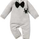 Sinhoon Newborn Baby Boy Halloween Outfit Long Sleeve Romper Spider Pattern Jumpsuit with Bowtie(Grey, 3-6 Months)