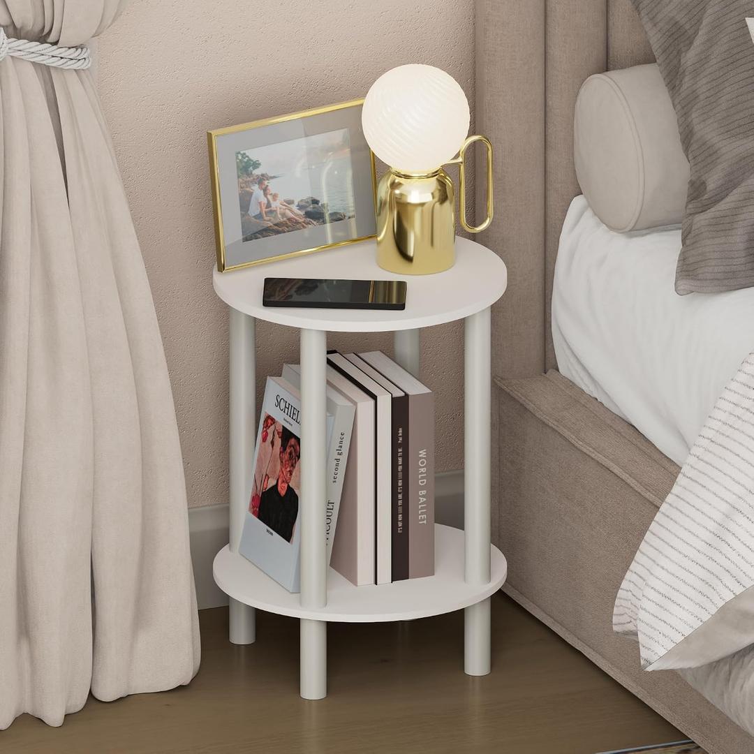 Furinno Turn-N-Tube Night Stand, 2-Tier Round Small Nightstand, Toolless Assembly Narrow End Table with Open Shelf, Side Table, Bedside Table, for Bedroom, Closet, Dorm, White