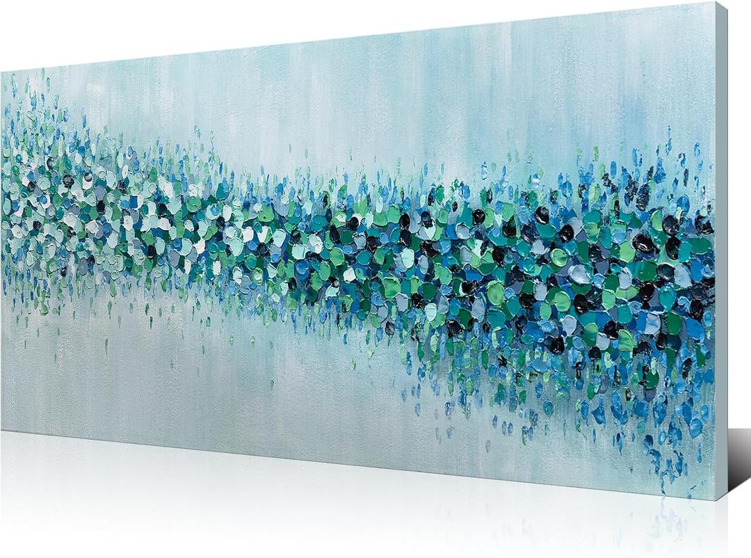 Kalormore Abstract Blue Green Dots Hand Painted Oil Painting on Canvas, Ready to Hang Wall Art, 28x55 Inch