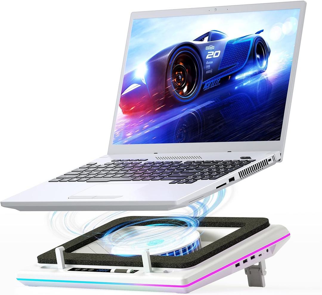 llano RGB Laptop Cooling Pad, White, Powerful Turbofan, Quiet Cooling, Touch Control, LCD Screen, Seal Foam, 1519in Laptops