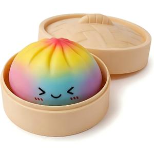 Rainbow Mystery Dumpling Squishies with Steamer Box, Soft Stretchy Bao Bun Stress Relief Balls, Sensory Fidget Squeeze Toys for Anxiety Relief, Decompression Desk Toys
