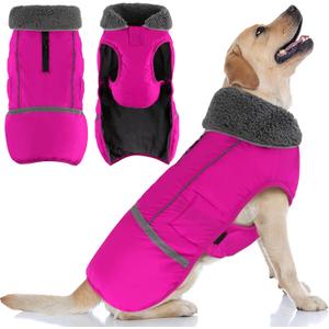 Doglay Dog Coat, Waterproof Dog Jacket Pet Winter Coat for Cold Weather with Thicken Furry Collar, Reflective Puppy Winter Jacket Warm Fleece Lining for Small Medium Large Pets (2XL(Chest :27.56-38.58" , Back : 23.62"), Pink)