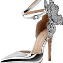 FINDVELL Gold High Heels Butterfly Back Sexy Stiletto Pumps Closed Toe Sparkly Ankle Strap Heels Sandals Dress Shoes for Women (7.5, Silver)