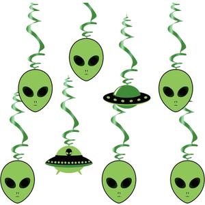 Swirls & Cutouts Green Alien Theme Hanging Swirl Decorations UFO Theme Ceiling Whirl Streamer Hanging Cutouts Alien Invasion for Birthday Party Supplies