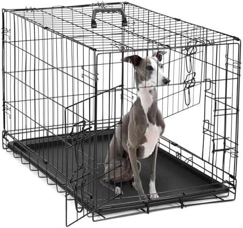 DUMOS Dog Crate, 36 Inch Medium Double Door Dog Cage with Divider Panel and Plastic Leak-Proof Pan Tray, Folding Metal Wire Pet Kennel for Indoor, Outdoor, Travel