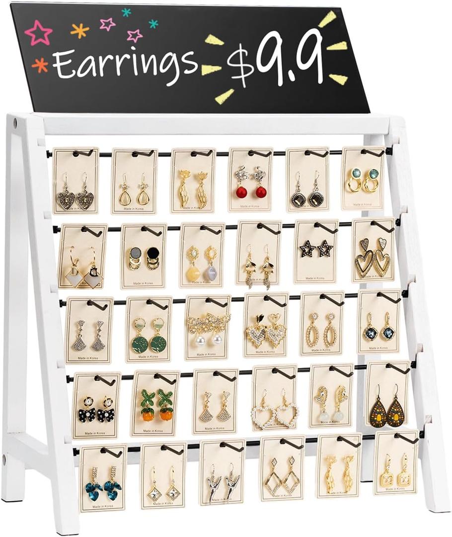 Jewelry Display for Vendors Selling, 30 Hooks Wood Earring Display for Vendors for Bracelet Earring with Adversitsing Board, Large Capacity Earring Display Stands Rack for Earring Cards (Weathered White)