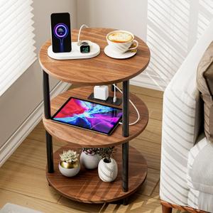 Small Round End Table - 3 Tier Design Accent Table, Narrow Side or Bedside Stand, Industrial Vintage Table for Small Spaces, Built-in USB Ports and Power Outlet, Rustic Walnut, 1 Pack