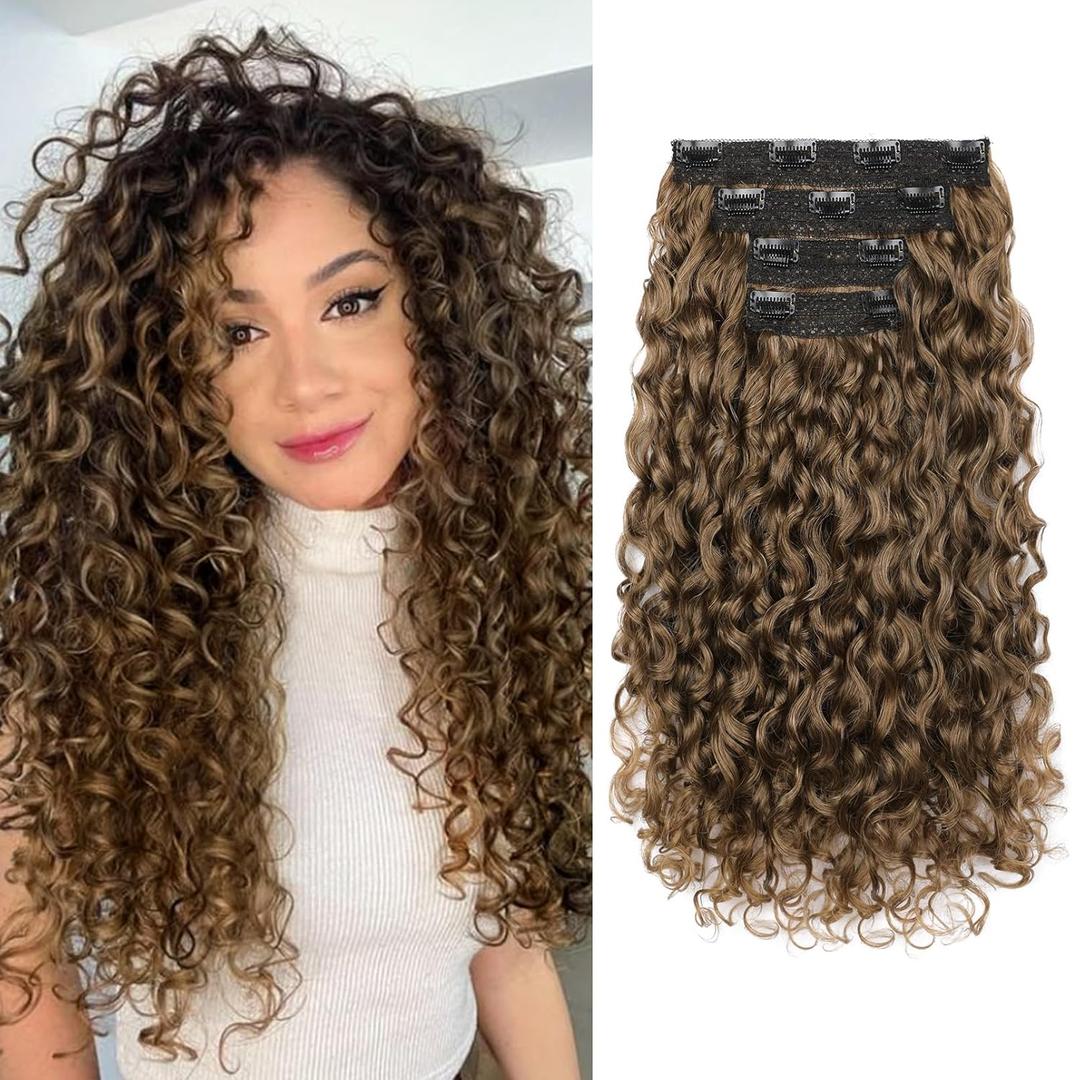 REECHO Curly Hair Extensions - 4PCS 18" GoGo Clip in Hair Extensions 100% Super Protein Hairpieces with Invisible Lace Weft Silky Soft Natural Look for Women - Golden Walnut