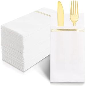 Nervure 100PCS Gold Paper Napkins with Built-in Flatware Pocket - White and Gold Prefolded Cloth Like Disposable Napkins - Heavy-duty Linen-Feel Dinner Napkins for Party & Wedding & Dinner