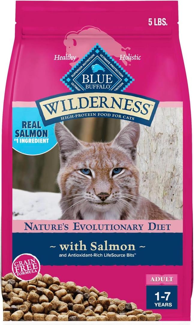 Blue Buffalo Wilderness Natural Adult Dry Cat Food, High-Protein and Grain-Free Diet, Supports Healthy Muscle Development and a Healthy Immune System, Salmon, 5-lb Bag (EXP 03/18/27)