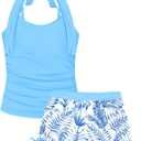 Girls Swimsuit 2 Piece Halterneck Girls Tankini Swimsuit Drawstring Printed Swim Shorts Girl Bathing Suit for 7-16T (13-14 Years, Sky Blue)