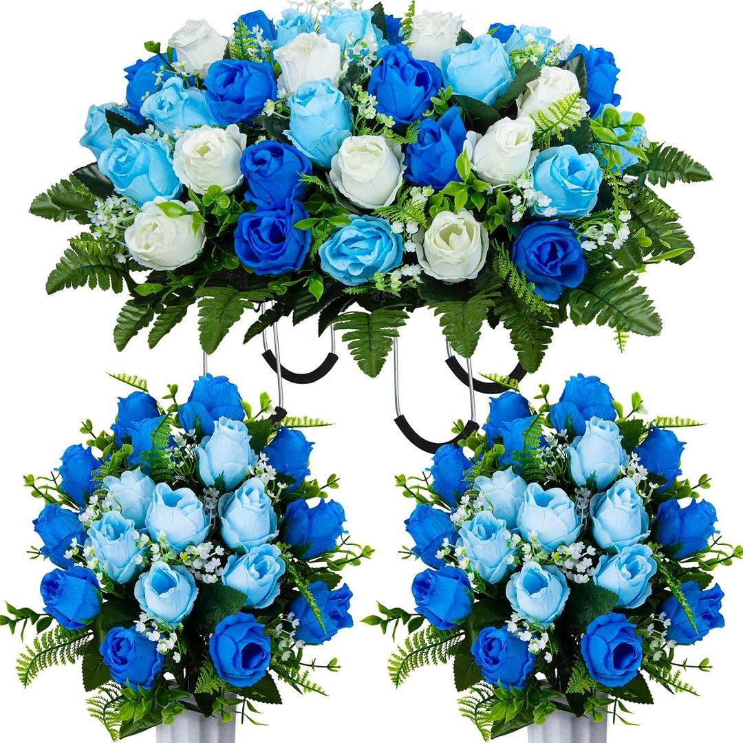 Artificial Cemetery Flowers Saddle Grave Memorial Rose Flowers with Vase for Cemetery Headstones Gravesites Decoration (White&Blue, 1 Saddle & 2Bouquets with Vase)