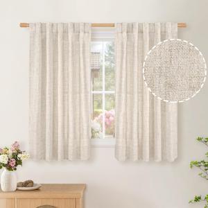 BGment Short Linen Curtains 48 Inch Length for Window, Rod Pocket Textured Drapes Light Filtering Privacy for Bedroom Kitchen Bathroom Cafe Back Tab, 2 Panels, 42 X 48 Inch