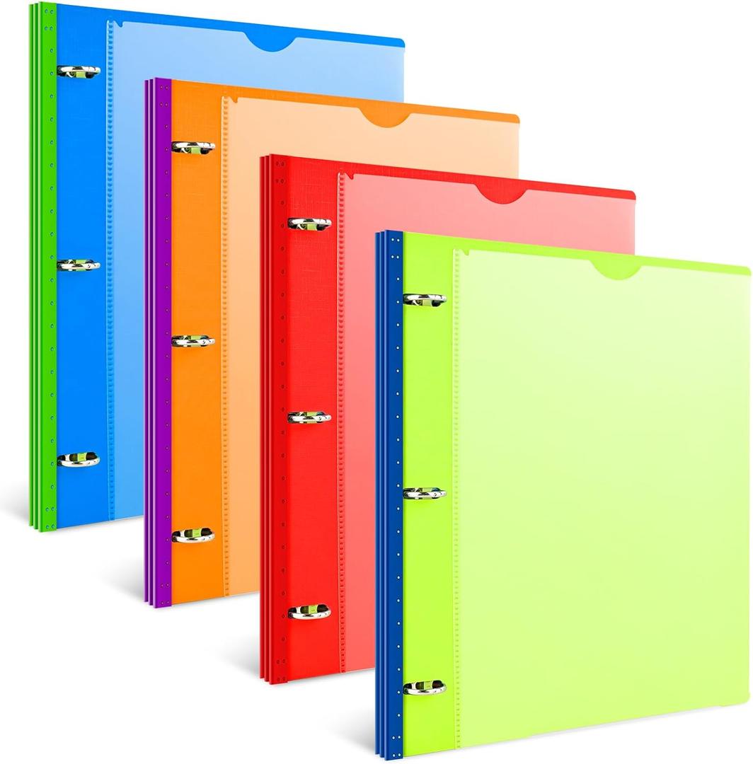 INFUN 1 Inch Telescoping 3 Ring Binder - 4PCS, Flexible Round Binder with Customizable Front Cover and Clear Catalog Pocket, 1 Inch Rings, 225 Sheet Capacity- Green, Red, Orange, Blue (Colors May Vary)