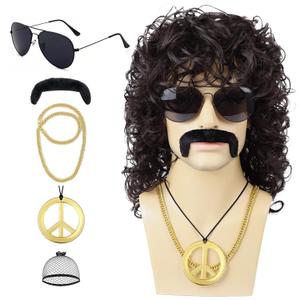 Guree Hair Mens Curly Wig + Glasses + Gold Chain + Peace Sign Necklace +Mustache + Wig Cap Long Curly Black Wigs for 70s Disco Party Cosplay Costume Halloween Use (6pcs Set）