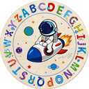 ABC Kids Alphabet Round Rug 6ft Washable Soft Circle Nursery Rug, Non-Slip Educational Carpet with Space Astronaut Design for Classroom, Playroom & Kids Room Decor Blue