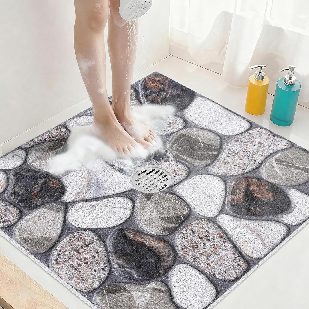 Square Shower Mat Non Slip: 27x27 Inch Extra Large Shower Mats with Drain Hole in Middle -Anti Slip Shower Mats for Inside Shower -Loofah Shower Floor Mat Bath Mat for Shower Stall Bathtub Elderly