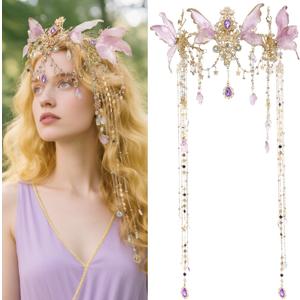 FRESHME Renaissance Elf Fairy Crown - Fairy Headband with Purple Butterfly Wings Elf Headpiece with Tassel Elven Tiara Wedding Renfaire Dress Up Cosplay Christmas Accessories for Women