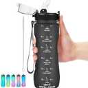 24 OZ Motivational Water Bottle With Time Marker,Leak Proof,Straw Lid, Tritan BPA Free Sports Water Bottle Black(1 Lid)