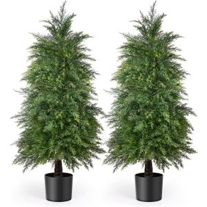 2 Pack 4ft Artificial Cedar Topiary Trees, Outdoor Artificial Plants for Front Porch Décor, Artificial Shrubs Fake Plants Uv Rated Potted Plants for Outdoor, Indoor, Front Door, Office
