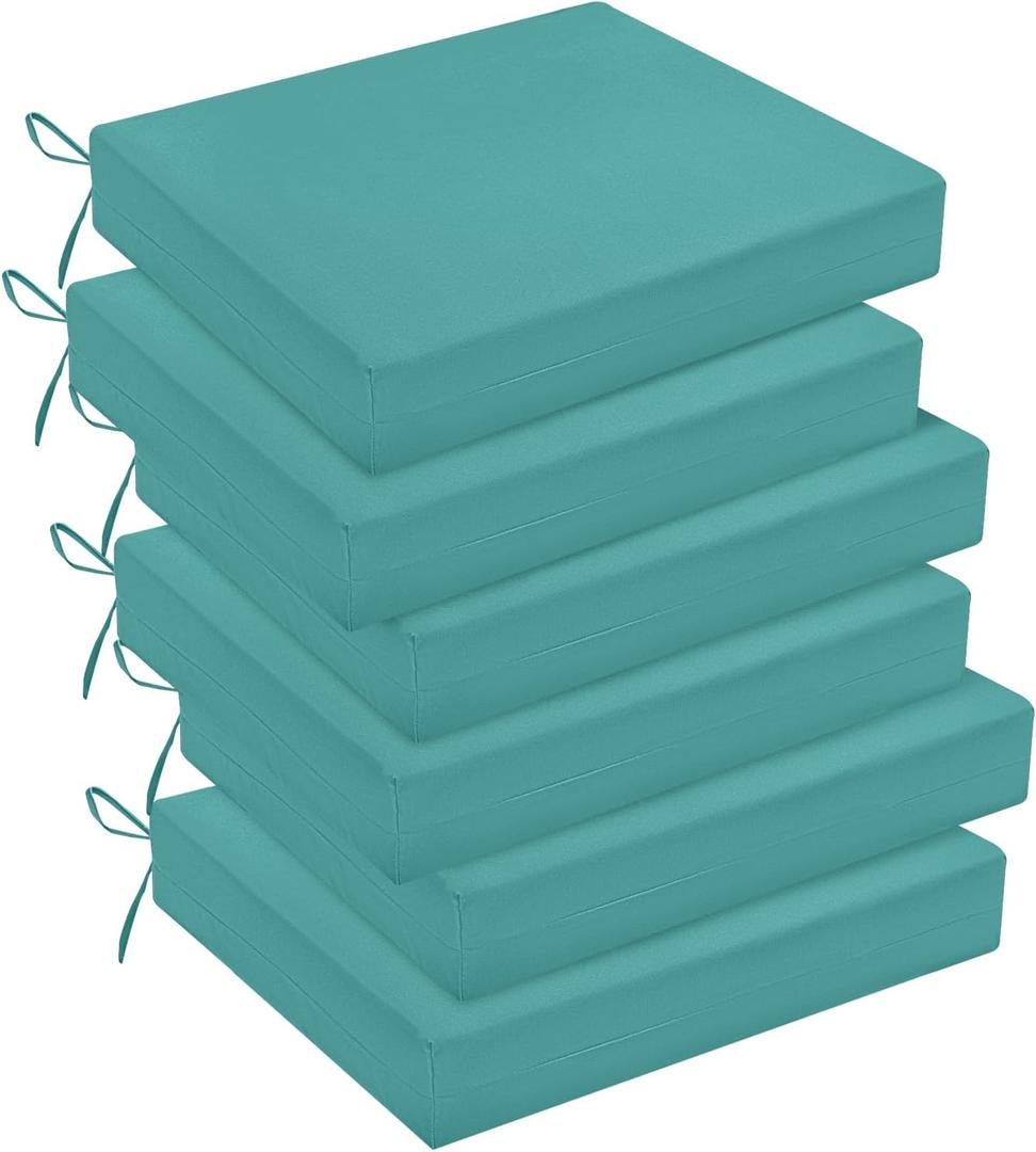 downluxe Outdoor Chair Cushions Set of 6 for Patio Furniture, Water-Resistant Square Corner Patio Chair Cushions with Ties, High Density Foam Outdoor Seat Cushion, 18.5" X 16" X 3", Teal