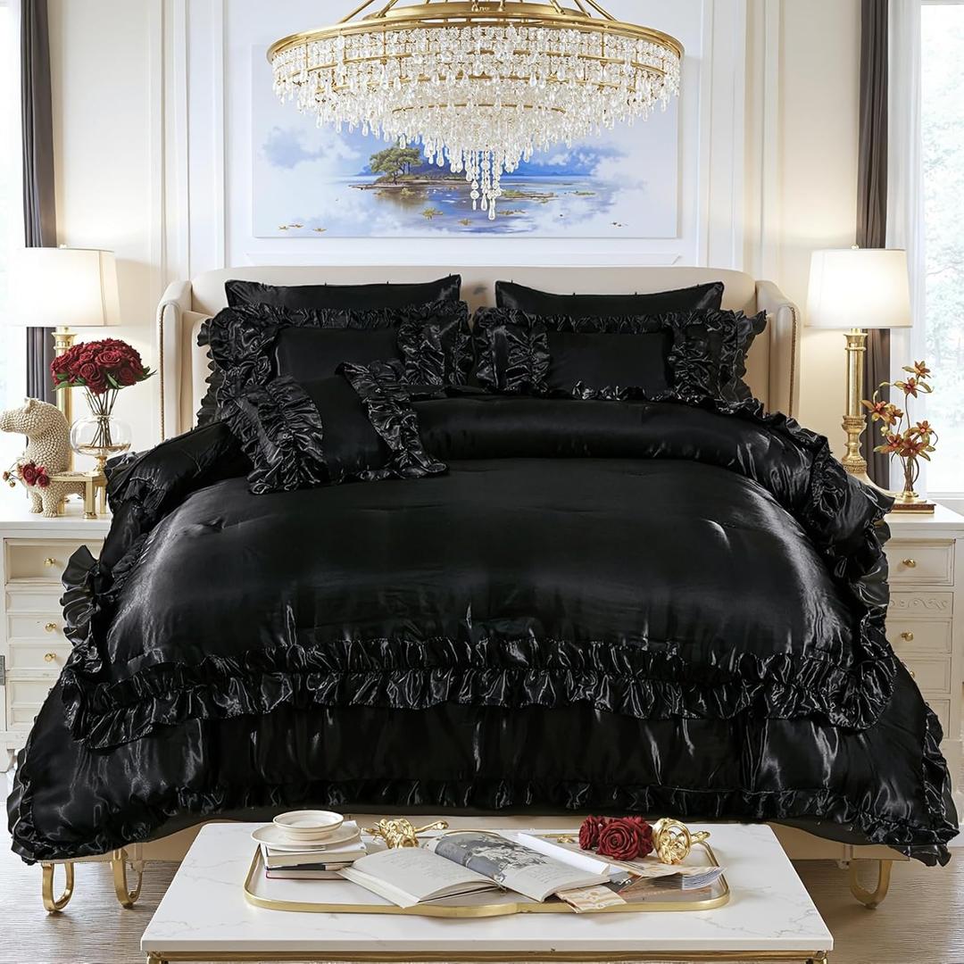 MOVE OVER 8 Pieces Black Satin Comforter Set King Size with Sheet Set Luxurious Soft and Silky Comforter Set Farmhouse Style Black Rufle Fringe Design Boho Comforter Silk Like Satin Bedding Set