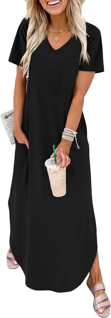WIHOLL Women's Summer Short Sleeve Dresses Maxi Dress Vacation Beach Sundresses 2026 with Pockets (Medium, Plain Black)
