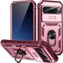 for Google Pixel 9/9 Pro Case Military Grade Drop Shock Protection Cell Phone Cover with Slide Camera Cover Built-in 360 Rotate Ring Stand for Google 9/9 Pro 6.3 -Pink red