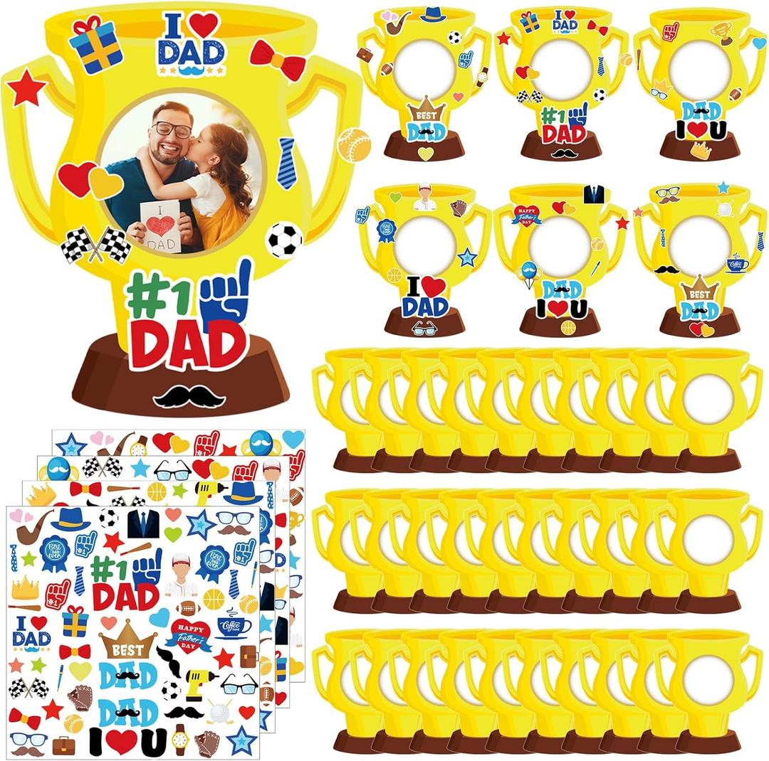Motipuns 80 Pcs Father's Day Picture Frame Craft Kits, Included 30 Pcs DIY Cardboard Photo Frame, 20 Pcs Father's Day Stickers and 30 Pcs Decorative White Ribbon for Game Activities (Trophy Shape)