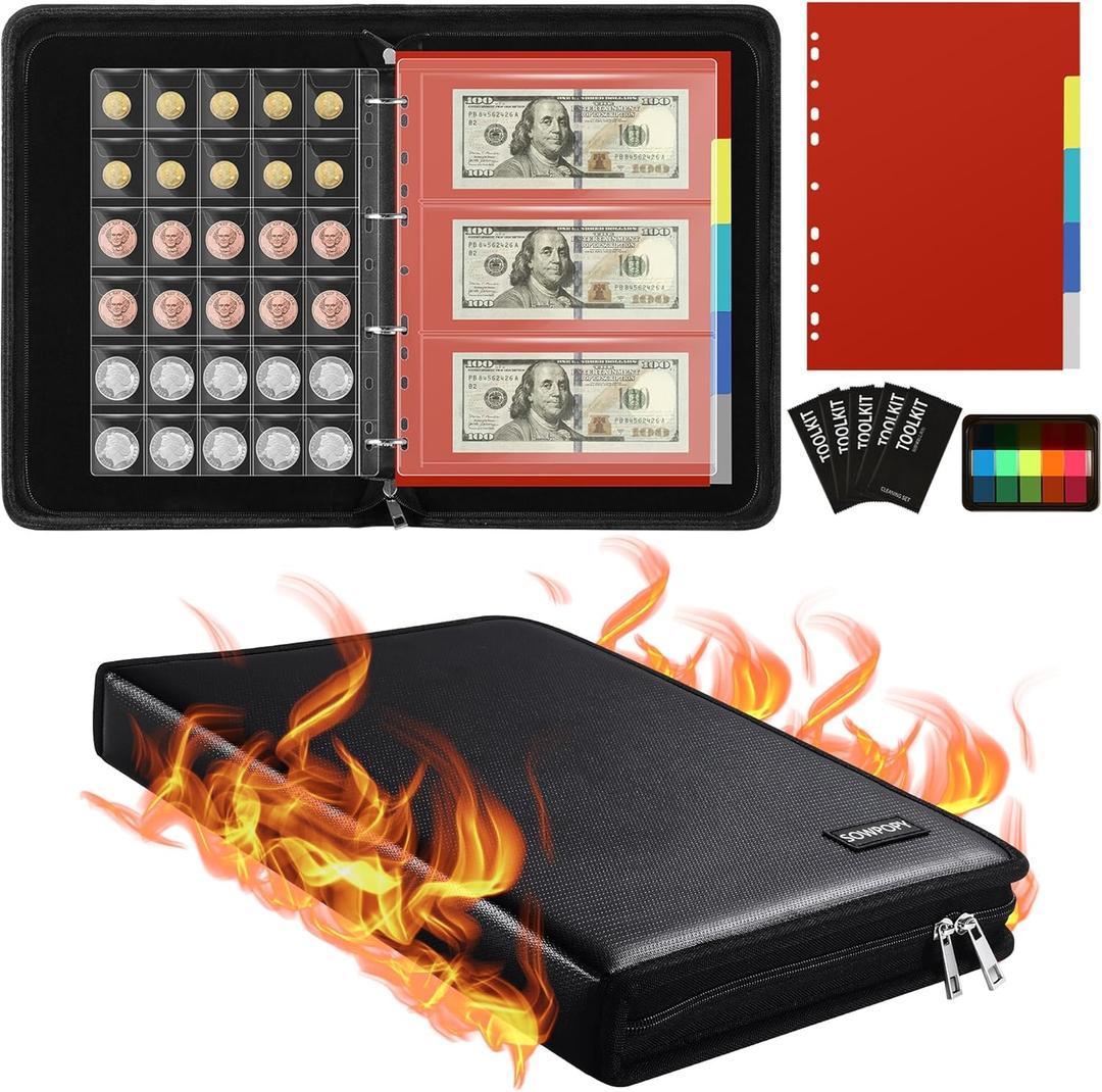 Fireproof Coin Collection Book Holder for Collector, 386 Pockets Coins Collecting Album Supplies & 12 Currency Sleeves Money Organizer Storage Case for Bill, Quarters, Pennies, Stamps