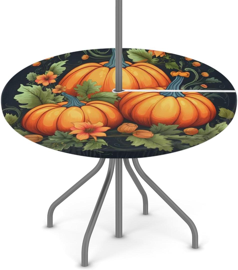 Pumpkin Flower Round Fitted Outdoor Tablecloth with Umbrella Hole and Zipper Waterproof Wrinkle Free Table Cover Elastic Edge Table Cloth for Party Patio and Picnic,36"-44"